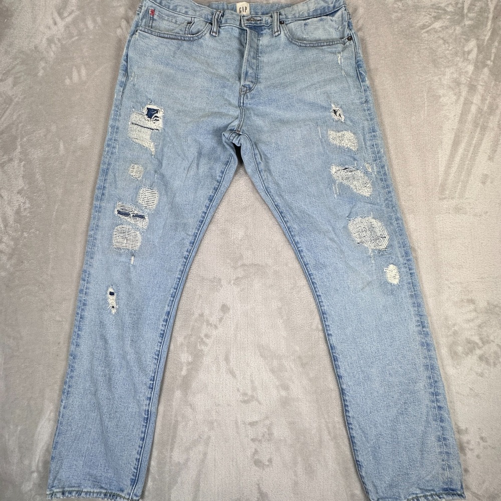 Gap Straight Jeans Mens 34x30 Blue Denim Cotton Stretch Whiskered Distressed